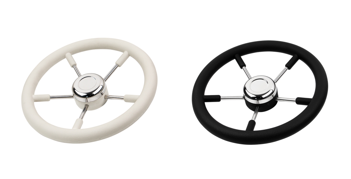 Black and White Stainless Steel Five Spoke Boat Steering Wheel
