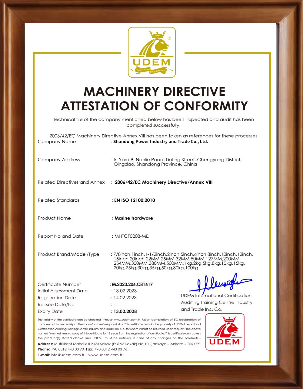 CE Certification MACHINERY DIRECTIVE ATTESTATION OF CONFORMITY