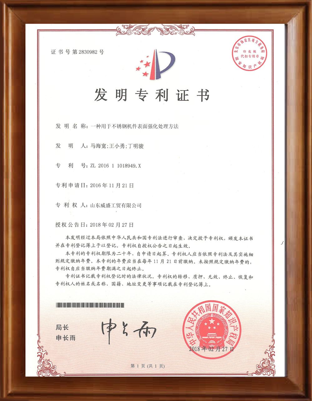 Innovative Invention Certification of Surface Enhancement Method for Stainless Steel Mechanical Components