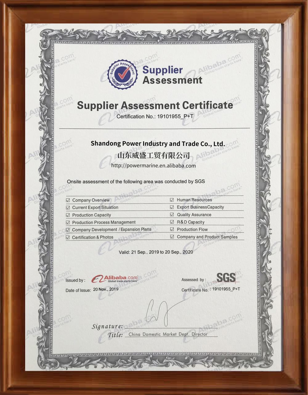 SGS third-party assessment certificate for Andy Marine covering production capability and quality management