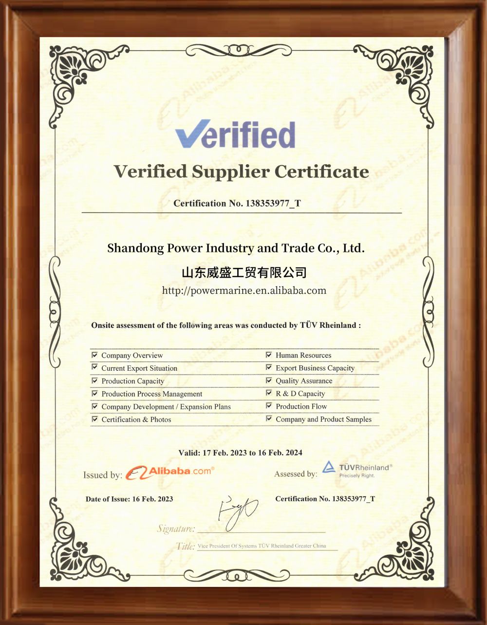 TÜV Rheinland third-party assessment certificate for Andy Marine covering export experience and R&D capability